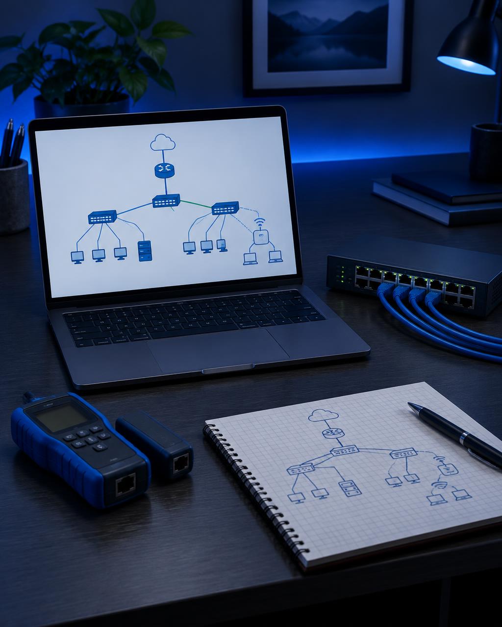 Network engineer workspace with a laptop showing a network topology diagram, a managed switch and a hand-drawn network sketch